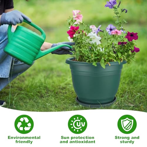 12 Pcs 10'' Plastic Plant Pots Round Planter Pots with Saucer Tray Seedling Pot Hole Seed Resin Plant Pot Starting Nursery Flower Container with Pallet for Garden Outdoor Indoor (Green / 10'')