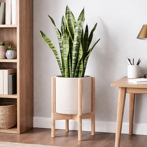 Plastic Pot with Natural Wood Stand (Oatmeal Pot + Natural Stand / 10 Inch)