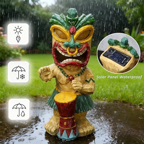 Solar Tiki Garden Statue with LED Eyes Outdoor Polynesian Drummer Hawaiian Party Decor Solar Light Ornament for Patio Porch Lawn or Tiki Lover Best Gifts for Tiki Lovers (Drumming Tiki Statue)