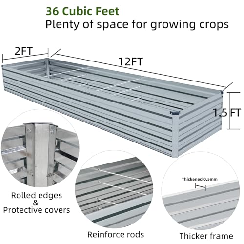 12x2x1.5FT Galvanized Raised Garden Beds Kit Large Outdoor Metal Gardening Planter Box for Vegetable Elevated Flower Herbs (Silver(1 Pack) / 12x2x1.5FT)