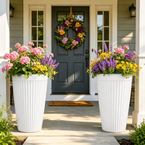 Autodaya 20" Tall Fluted Resin Planters Set of 2 with Drainage Holes (White Fluted-20"h)