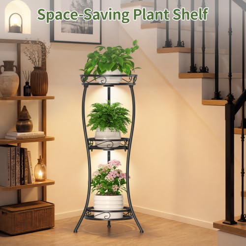3 Tiers Metal Corner Plant Stand Tall with Light for Indoor Outdoor (Classic Black with Light / 3 Tier)