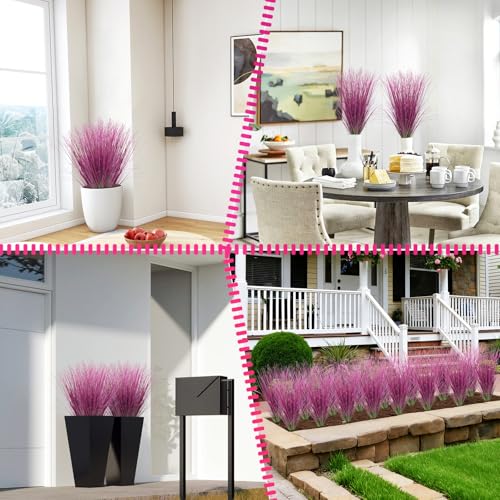 24 Bundles Artificial Grass Plants Outdoor Tall Faux Shrubs Greenery Stems Fake Onion Grasses Wheat UV Resistant for Outside Garden Indoor Office Home Decor（Pink） (Pink / 24Pcs)