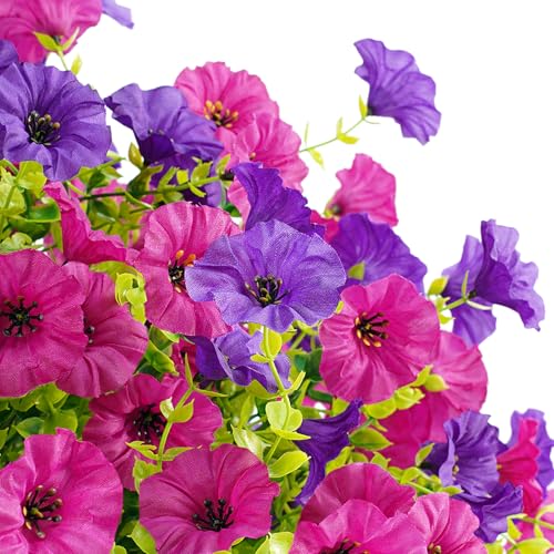 Artificial Fake Hanging Flowers with Basket for Outdoor Decor 12 Pcs UV Resistant Faux Silk Morning Glory Flowers Plants for Outdoor Outside Planters Home Porch Patio Balcony Spring Summer Décor (Dark Red&dark Violet)