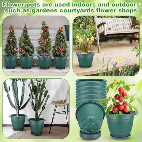 12 Pcs 8+'' Plastic Plant Pots Round Planter Pots with Saucer Tray Seedling Pot Hole Seed Resin Plant Pot Starting Nursery Flower Container with Pallet for Garden Outdoor Indoor (Green / 8.66'')