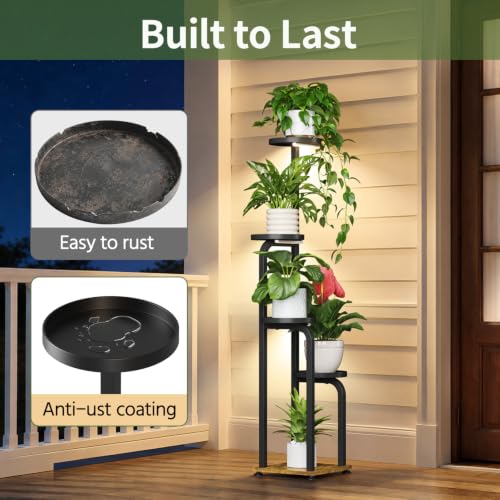 Plant Stand Tall for Indoor Corner with Grow Lights (Metallic Black with Light / 5 Tier)