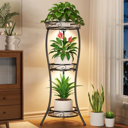 3 Tiers Metal Corner Plant Stand Tall with Light for Indoor Outdoor (Classic Black with Light / 3 Tier)