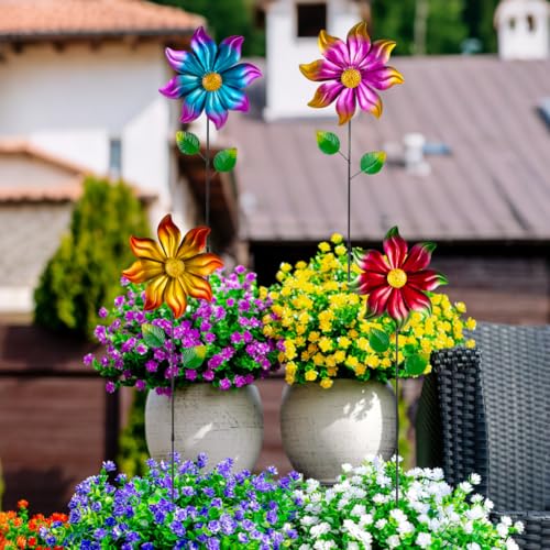 4 Packs Metal Flowers Wind Spinners Outdoor (Flowers-gradient)