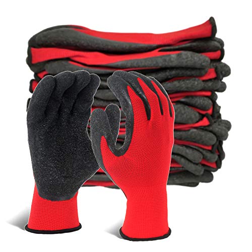 Crinkle Latex Rubber Coated Safety Work Gloves for Men Women (Large / Red-12 Pairs)