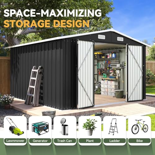 10 x 12FT Outdoor Storage Shed with Double Hinged Large Door (Black / 10'x12')