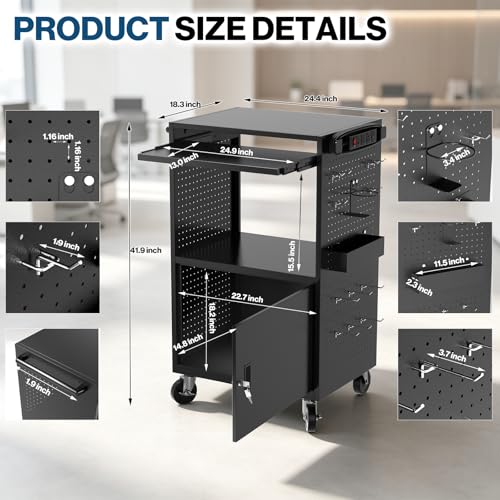 Mobile Steel AV Cart with Pegboard (Large with Side Pegboard)
