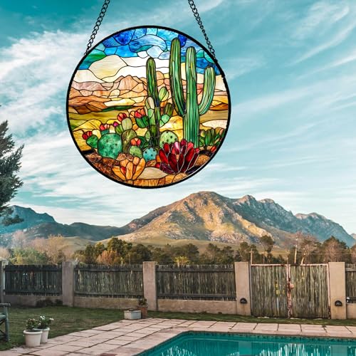 Cactus Desert Flower Stained Glass Window Hanging Suncatcher Gifts 7.8" (Brown and Green / 7.8x7.8 IN)