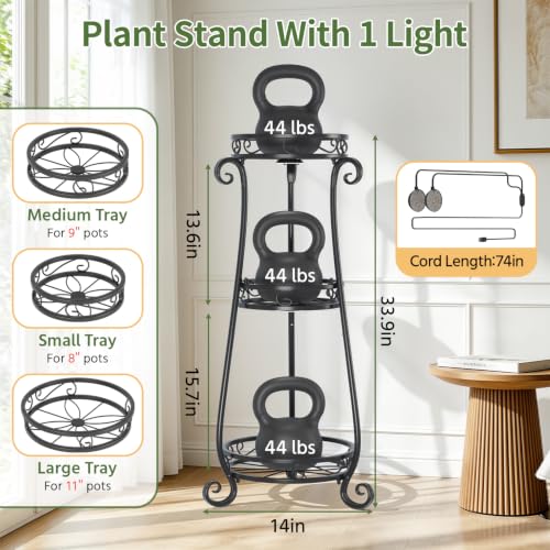 3 Tiers Metal Corner Plant Stand Tall with Light for Indoor Outdoor (Black with Light / 3 Tier)