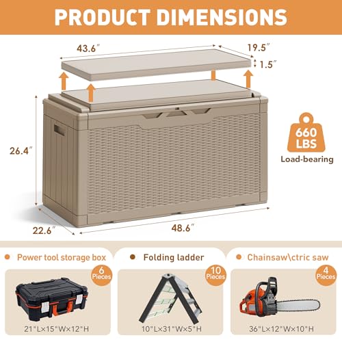 100 Gallon Resin Deck Box Large Outdoor Storage Boxes with Cushions for Garden Tools