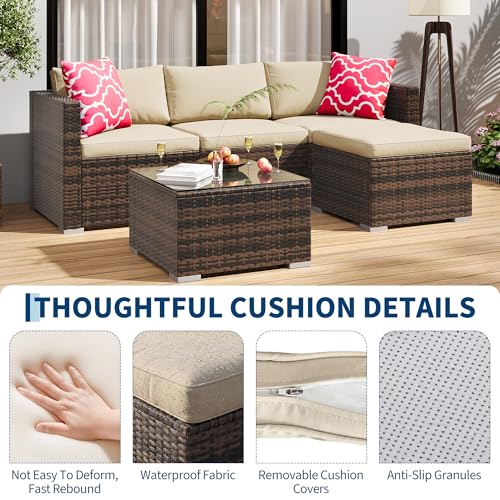 5-Piece All-Weather Patio Furniture Set, Convertible Outdoor Sectional Sofa with Ottoman & Tempered Glass Table, PE Rattan Conversation Set for Garden, Backyard, Porch, Poolside (Brown/Khaki / 5 Pieces)