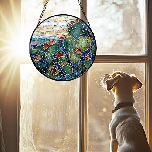 Cactus Stained Glass Window Hanging Suncatcher Gifts for Women 15" (15x15 IN)