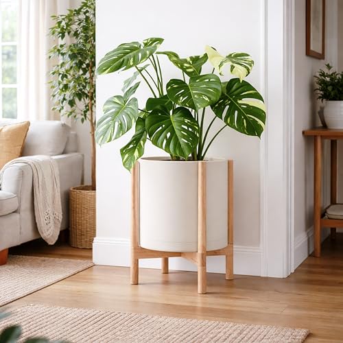 Plastic Pot with Natural Wood Stand (Oatmeal Pot + Natural Stand / 14 Inch)