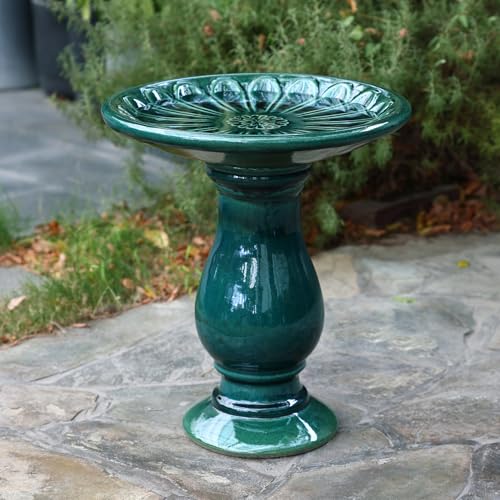 LuxenHome 22 Inch Ceramic Bird Bath for Outside (A Dark Green)
