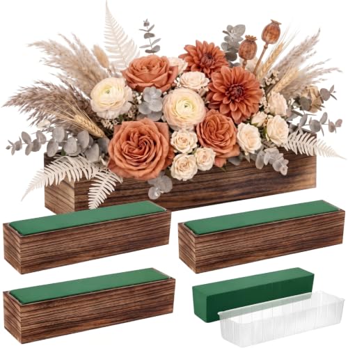 4 Set Wood Rectangle Boxes 16x4 Inch Rustic Planter with Liner (16x4 Inch)