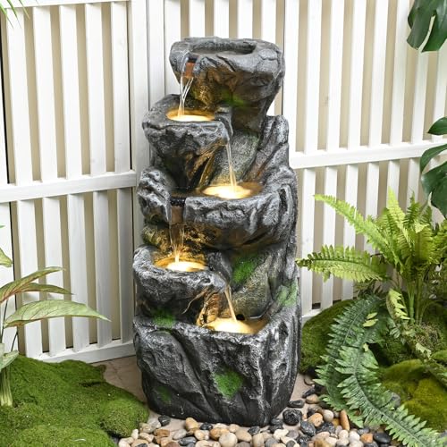 31.9'' Outdoor Garden Water Fountain with Lights (Grey 32in)