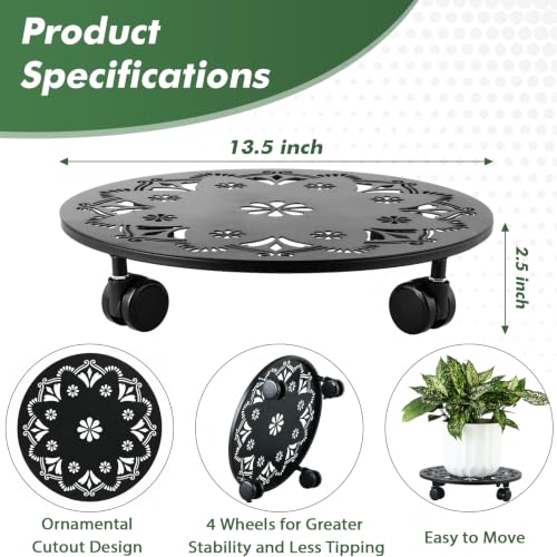 5 Pack Rolling Plant Caddy with Wheels 14 Inch Plant Rollers with Wheels Metal Plant Caddy with Wheels Heavy Duty Plant Stand for Large Plants Matte Black Rolling Planter Base 4 Wheels for Planters (14 inch)