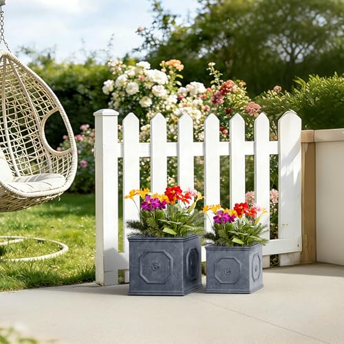 2 Pack 12.6" 10.2" Square Dusty Blue Concrete Planters Home & Outdoor (Antique Gray / 10.2" and 12.6")