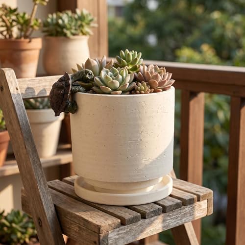 Ceramic Plant Pot with Resin Figure (White+rt / 5.7 Inch)