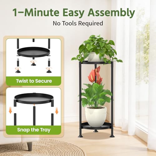 Plant Stand Indoor Tall Corner with Large Metal Tray (Classic Black / 2 Tier)