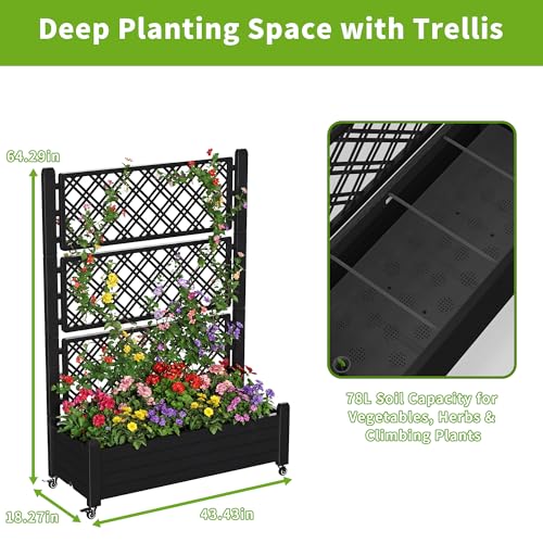 Rolling Garden Planter Box with Trellis & Lockable Casters (Black / 43.43*18.27*64.29)