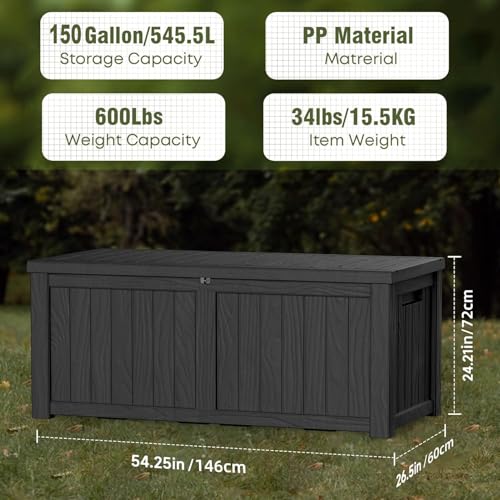 Outdoor Storage Box 150 Gal Waterproof Deck Box Lockable Black