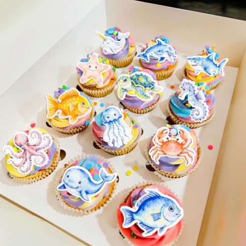 60Pcs Edible Ocean Animal Cupcake Topper Edible Starfish Octopus Crab Jellyfish Dolphin Starfish Seahorse Cupcake Picks for Under the Sea Baby Shower Boys Girls Birthday Party Decorations (Multi)