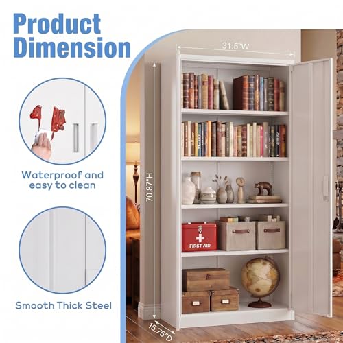 71 Inch Lockable Metal Storage Cabinet (White / 15.75"D x 31.50"W x 70.87"H)