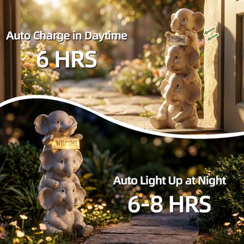 Solar Elephant Garden Statue with Lighted Welcome Sign (A Family of Three Elephants)