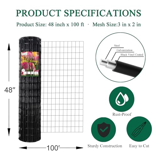 Black PVC Coated Welded Wire Fence 48" x 100' Roll (Black / 2''x3'' 16GA 48''x100')