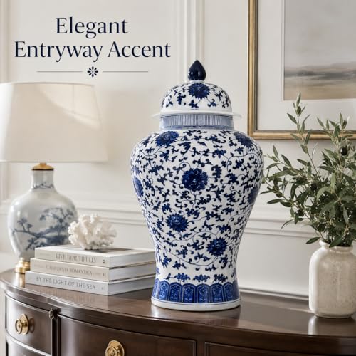 24" Blue and White Floral Porcelain Ginger Jar with Lid (Floral)