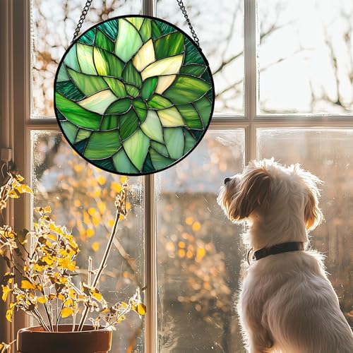Green Leaf Flower Stained Glass Window Hanging Suncatcher Gift for Mom 9.8"
