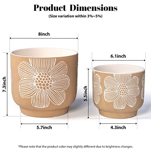 Ceramic Plant Pots (8+6 Inch / Modern Tan Floral)