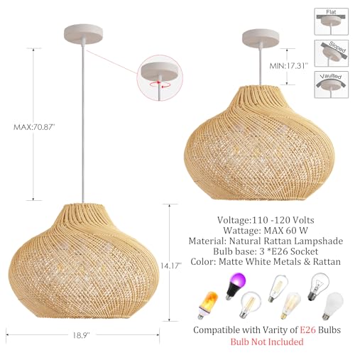 18.9" Rattan Pendant Light (Metal+Rattan / 18.9" 3-Light)
