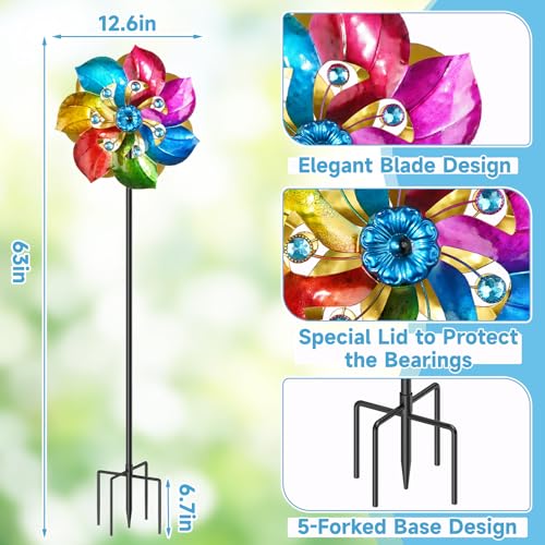 Double Sided Wind Spinner Outdoor Metal Wind Sculpture with Adjustable Height Pole & 5 Prong Base (Colorful)