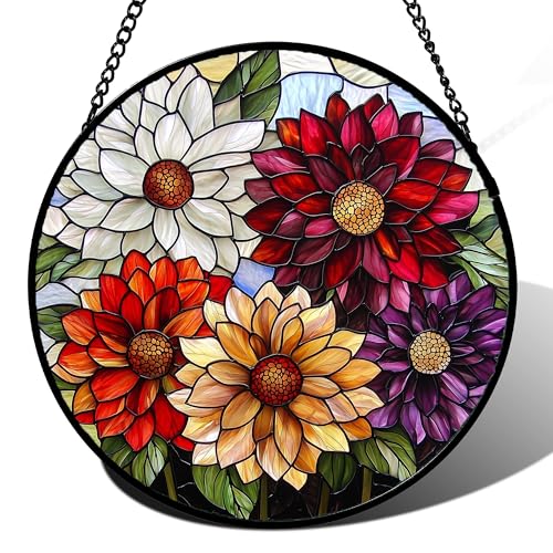 Stained Glass Window Hanging Color Dahlia Suncatcher Gifts for Women 15"