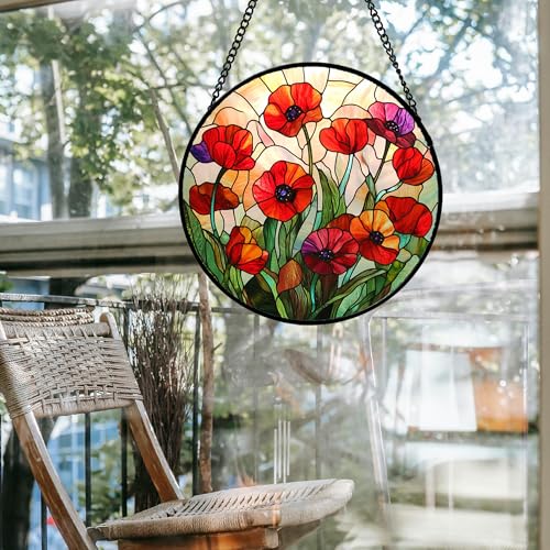 Red Poppy Flower Stained Glass Window Hanging Suncatcher Gifts for Mom 6.3" (Red / 6.3x6.3 IN)