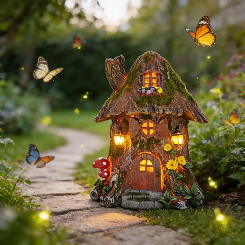 Solar Powered Mossy Tree House Sculpture with Doors (Mossy Treehouse)