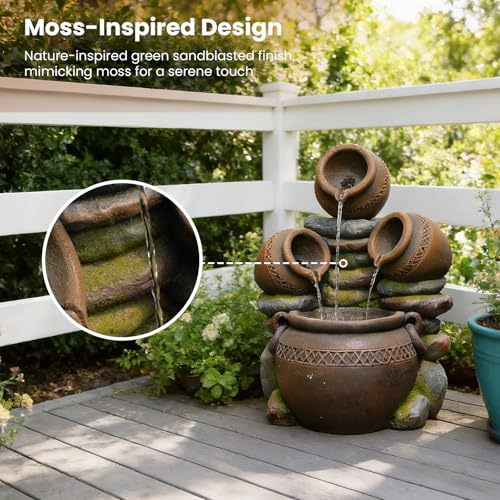22" Tall Water Fountain Outdoor Cascading Bowls and Stacked Stones 3 Tiers Waterfalls Natural Water Feature with LED Lights for Garden (Brown-2)