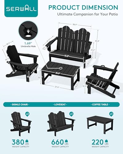 4 Pc HDPE Adirondack Set (Black / 2 chair &1 bench &1 coffee table)