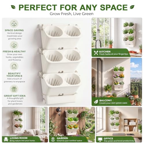 3 Set 6 Pocket Vertical Stackable Wall Planters Kit Outdoor Self Watering Plastic Planter Grow Hang Mount System for Strawberry Flower Vegetable Home Fence Balcony Wall Decor (White)