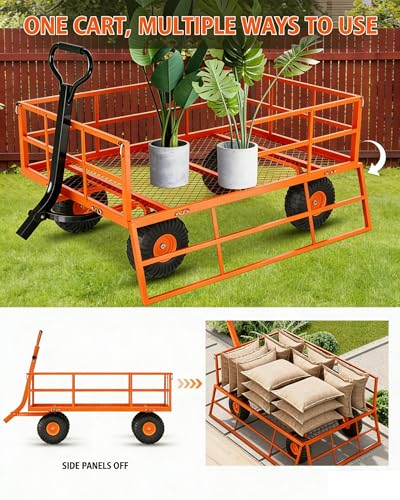 Heavy Duty Steel Garden Cart 1200 LBS Capacity 3 in 1 Pullable Garden Wagon with 13 in Wheels for Gardening Soil (Orange / 1200 lbs)