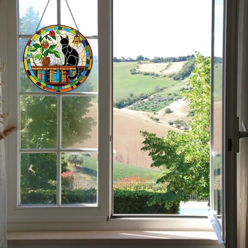 Cat Sun Catcher Stained Glass Window Hanging 6'' (Cat / 5.91inch)