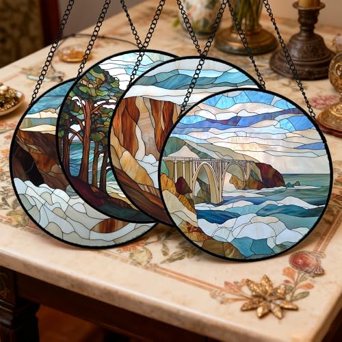 Stained Glass Window Hanging 4 Pcs Set Ocean Waves 6.3" (4-piece Set: Bblue Waves / 6.3x6.3 IN)