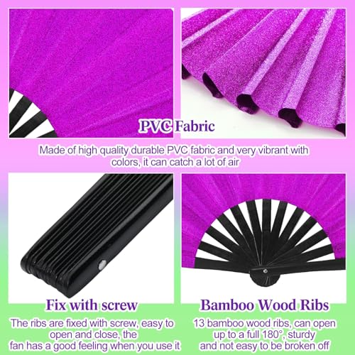2 Packs Large Folding Hand Fans (Glitter Purple and Green)