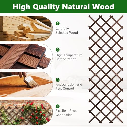 Expandable Wooden Lattice Panels Outdoor Garden Fence Trellis for Climbing Plants Roses Vines Cucumbers Weather Resistant Decorative Wood Privacy Fence (Brown-4PC / 38''x 89'')
